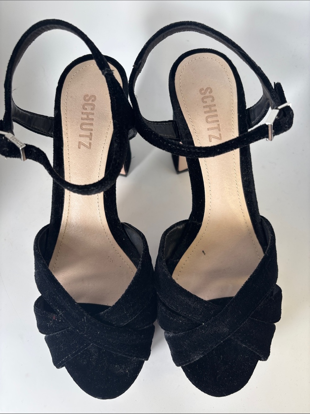 SCHUTZ Keefa Black Velvet Platform Ankle-Strap Heeled Sandals 7.5 - Picture 4 of 10